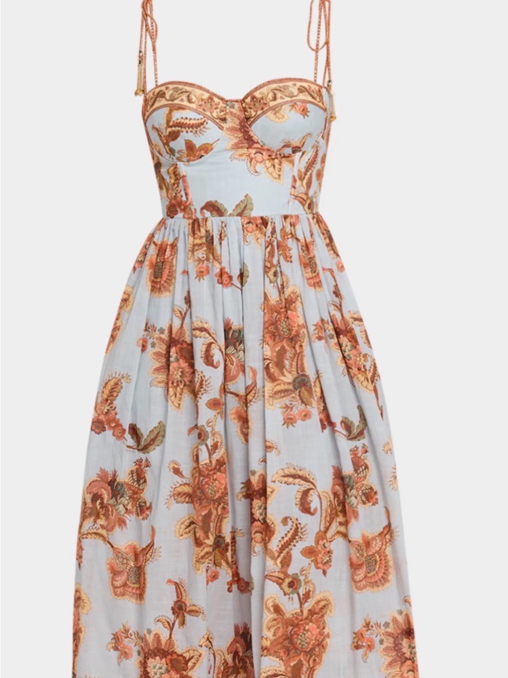 Zimmermann Blue Strapless Floral Bustier Maxi Dress with Warm Floral Print